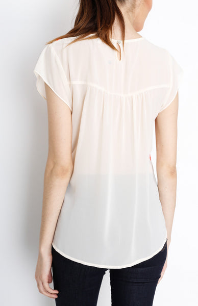 Cream Woven Top with Neon Floral Detail