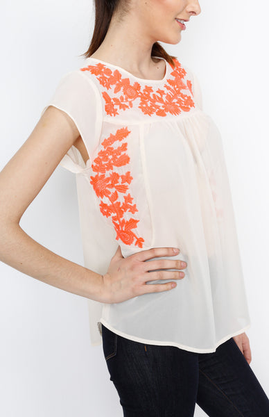 Cream Woven Top with Neon Floral Detail