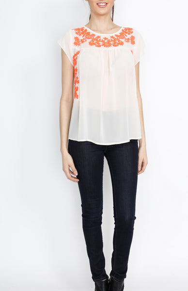 Cream Woven Top with Neon Floral Detail