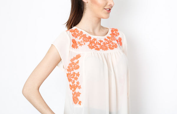 Cream Woven Top with Neon Floral Detail