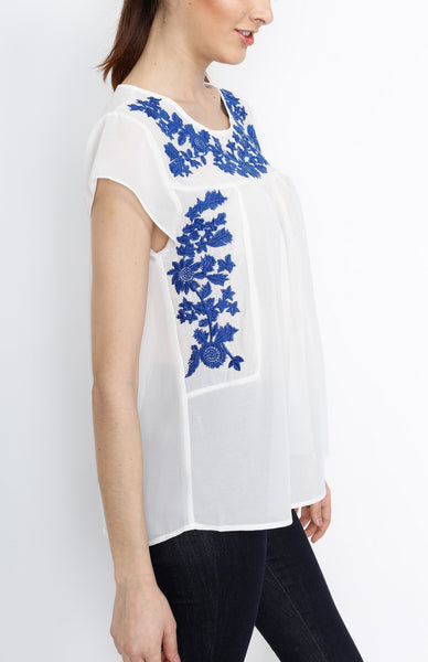 White Woven Top with Blue Floral Detail