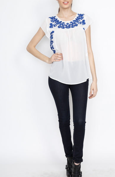 White Woven Top with Blue Floral Detail