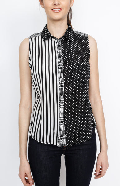 Black and White Polka Dot with Strip Print Top with Button Down and Front Pocket Detail