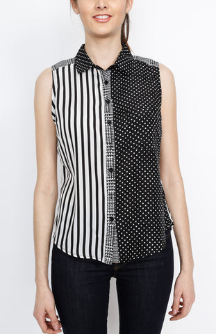 Black and White Polka Dot with Strip Print Top with Button Down and Front Pocket Detail