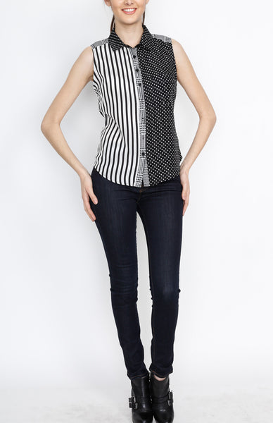 Black and White Polka Dot with Strip Print Top with Button Down and Front Pocket Detail