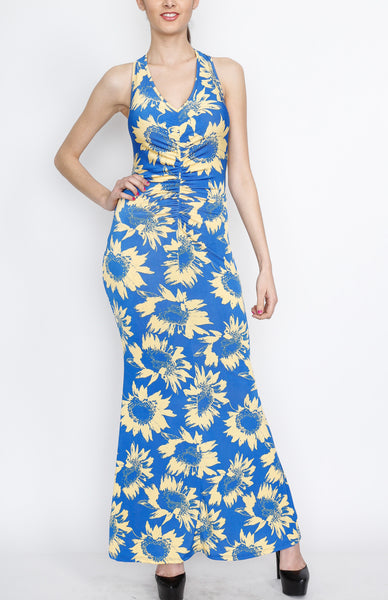 Blue Cross Back Floral Print Maxi Dress