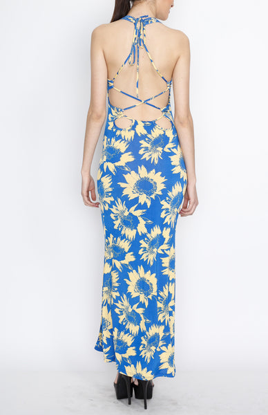 Blue Cross Back Floral Print Maxi Dress