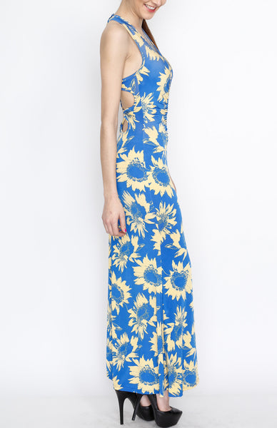 Blue Cross Back Floral Print Maxi Dress