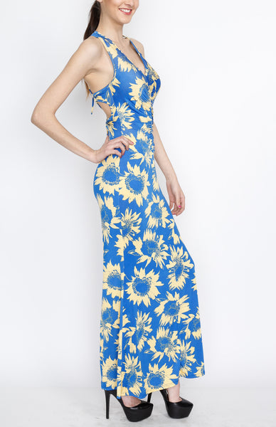 Blue Cross Back Floral Print Maxi Dress