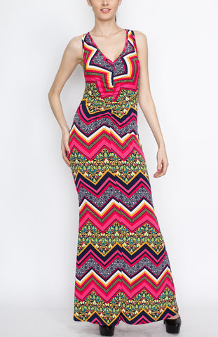 Pink Cross Back Paisley and Chevron Maxi Dress with Strap