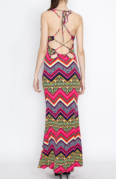 Pink Cross Back Paisley and Chevron Maxi Dress with Strap