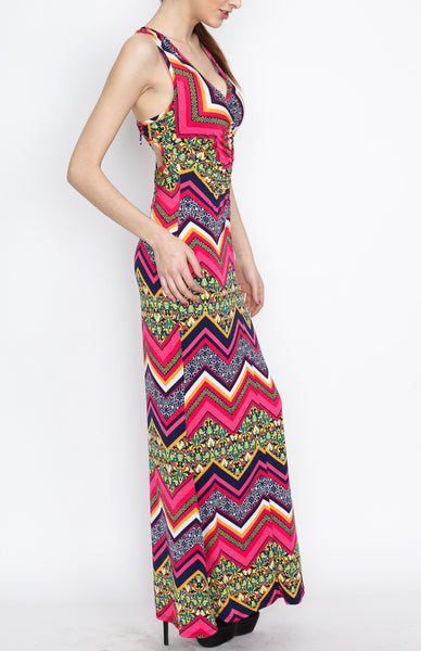 Pink Cross Back Paisley and Chevron Maxi Dress with Strap