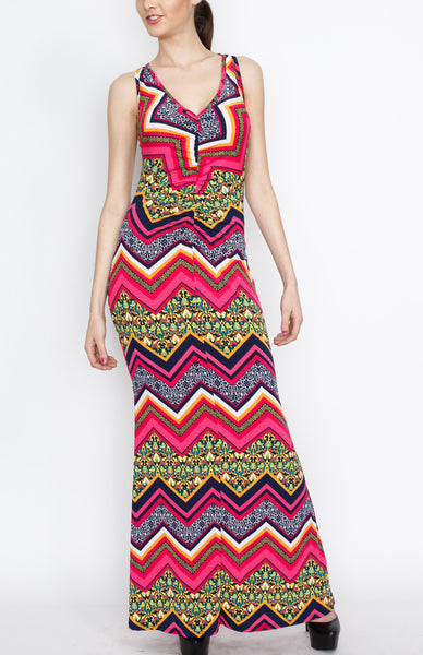 Pink Cross Back Paisley and Chevron Maxi Dress with Strap