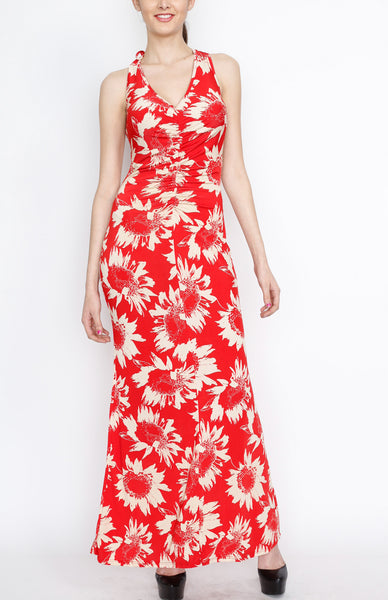 Red Cross Back Floral Print Maxi Dress