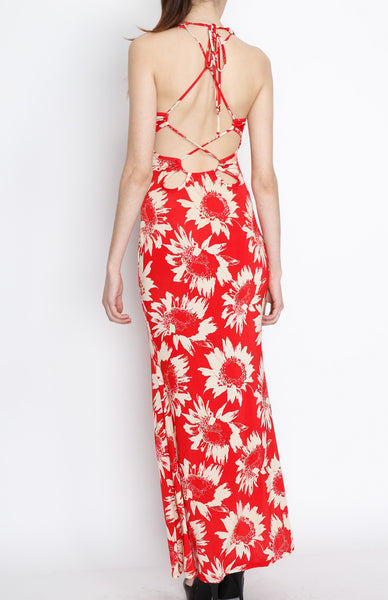 Red Cross Back Floral Print Maxi Dress