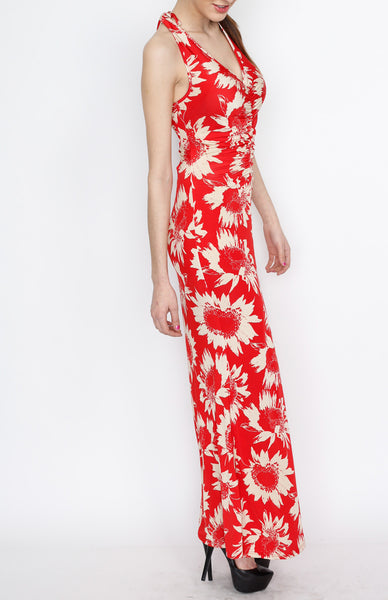 Red Cross Back Floral Print Maxi Dress