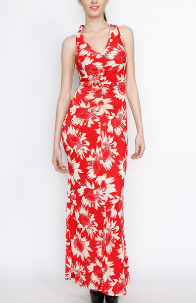 Red Cross Back Floral Print Maxi Dress