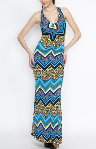 Teal Cross Back Paiseley and Cheveron Print Maxi Dress