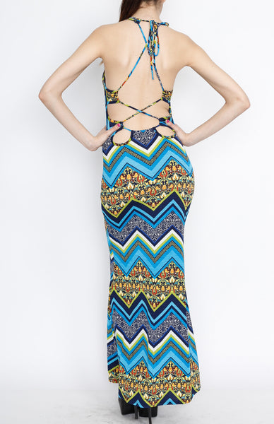 Teal Cross Back Paiseley and Cheveron Print Maxi Dress