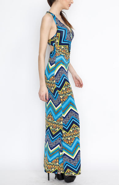 Teal Cross Back Paiseley and Cheveron Print Maxi Dress