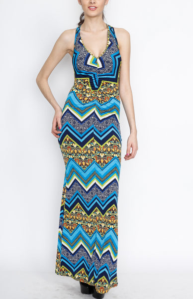 Teal Cross Back Paiseley and Cheveron Print Maxi Dress