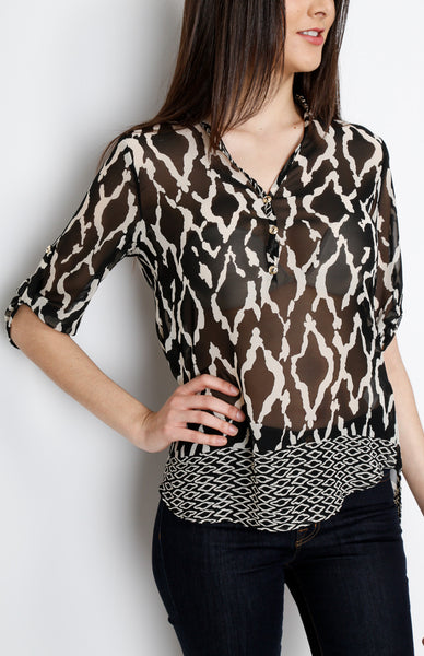 Black Tribal Inspired 3/4 Top with Mid Button Detail