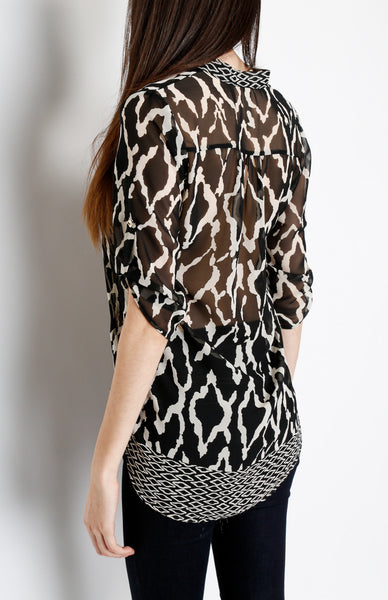 Black Tribal Inspired 3/4 Top with Mid Button Detail