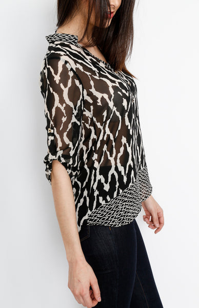 Black Tribal Inspired 3/4 Top with Mid Button Detail