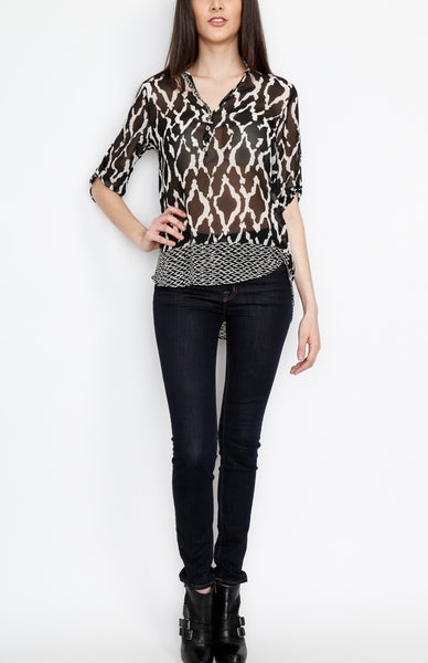 Black Tribal Inspired 3/4 Top with Mid Button Detail