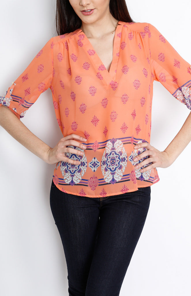 Coral Baroque Inspired 3/4 Top with Mid Button Detail