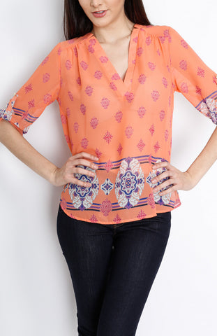 Coral Baroque Inspired 3/4 Top with Mid Button Detail