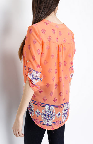 Coral Baroque Inspired 3/4 Top with Mid Button Detail