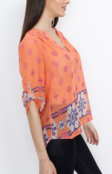 Coral Baroque Inspired 3/4 Top with Mid Button Detail