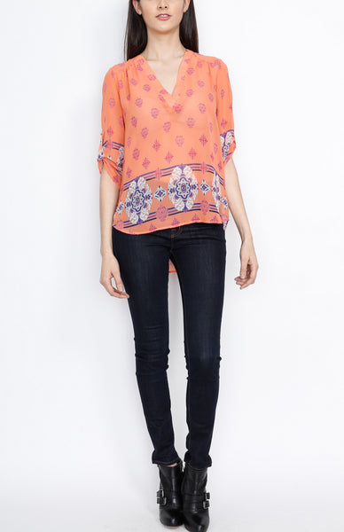 Coral Baroque Inspired 3/4 Top with Mid Button Detail