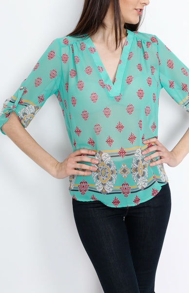 Mint Baroque Inspired 3/4 Top with Mid Button Detail