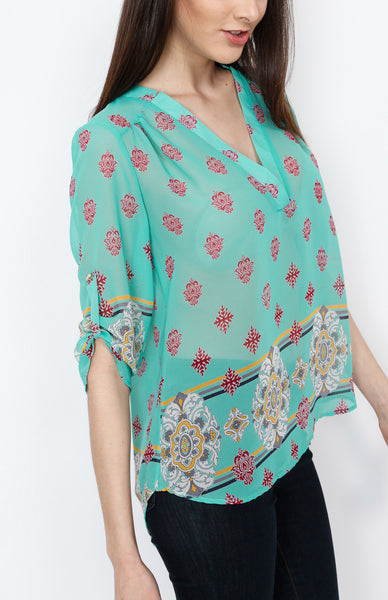 Mint Baroque Inspired 3/4 Top with Mid Button Detail