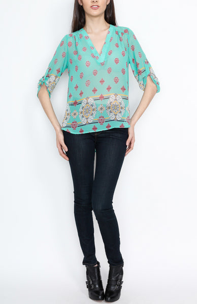 Mint Baroque Inspired 3/4 Top with Mid Button Detail