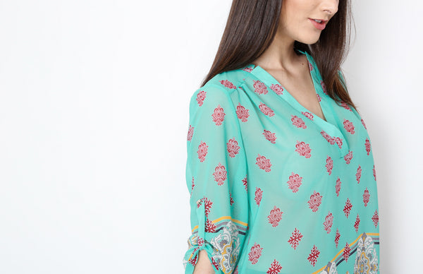 Mint Baroque Inspired 3/4 Top with Mid Button Detail