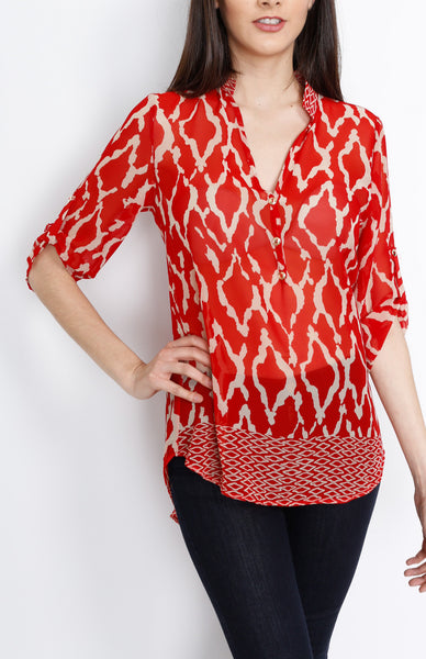 Red Tribal Inspired 3/4 Top with Mid Button Detail