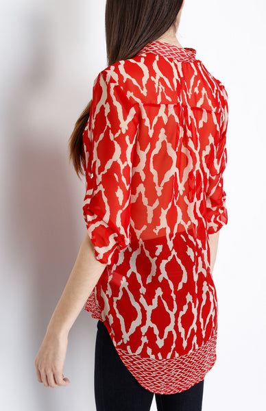 Red Tribal Inspired 3/4 Top with Mid Button Detail