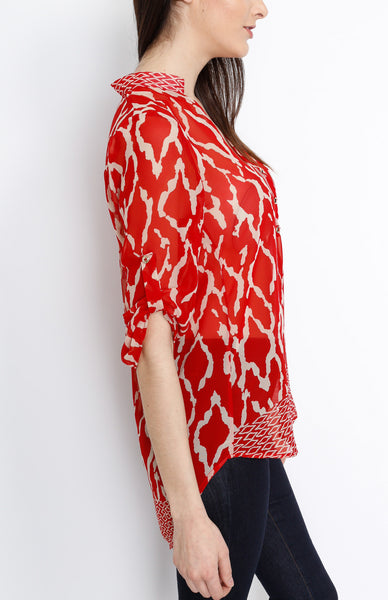 Red Tribal Inspired 3/4 Top with Mid Button Detail