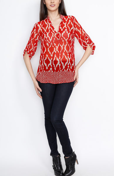 Red Tribal Inspired 3/4 Top with Mid Button Detail