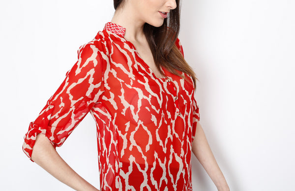 Red Tribal Inspired 3/4 Top with Mid Button Detail