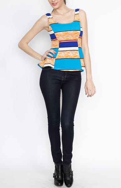 Sky Blue Color Block Peplum Tank Top