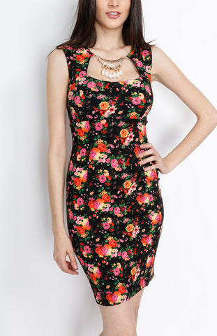 Black Floral Knit Dress with Neck Piece Detail