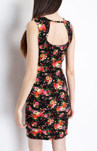 Black Floral Knit Dress with Neck Piece Detail