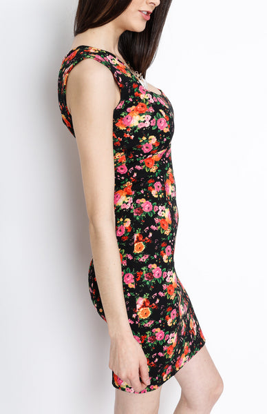 Black Floral Knit Dress with Neck Piece Detail