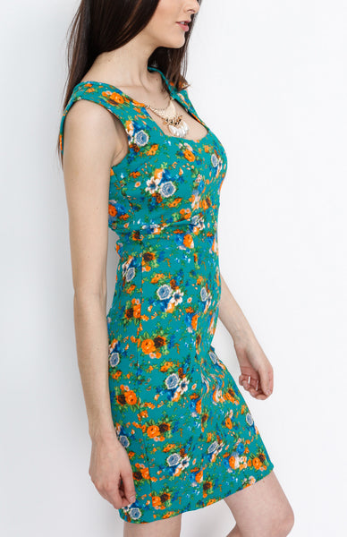 Hunter Green Floral Knit Dress with Neck Piece Detail