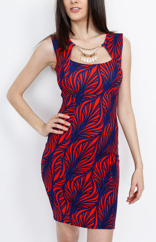 Orange and Blue Knit Dress with Neck Piece Detail