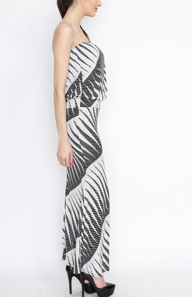 Black and White Abstract Print Maxi Dress with Strap